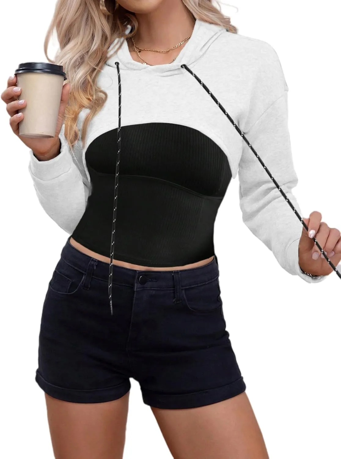 Remidoo Women Super Crop Top Pullover Sweatshirt Long Sleeve Drawstring Hoodie