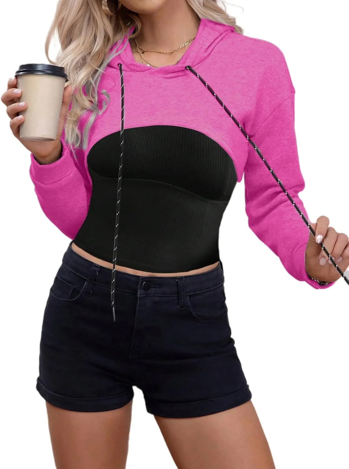 Remidoo Women Super Crop Top Pullover Sweatshirt Long Sleeve Drawstring Hoodie