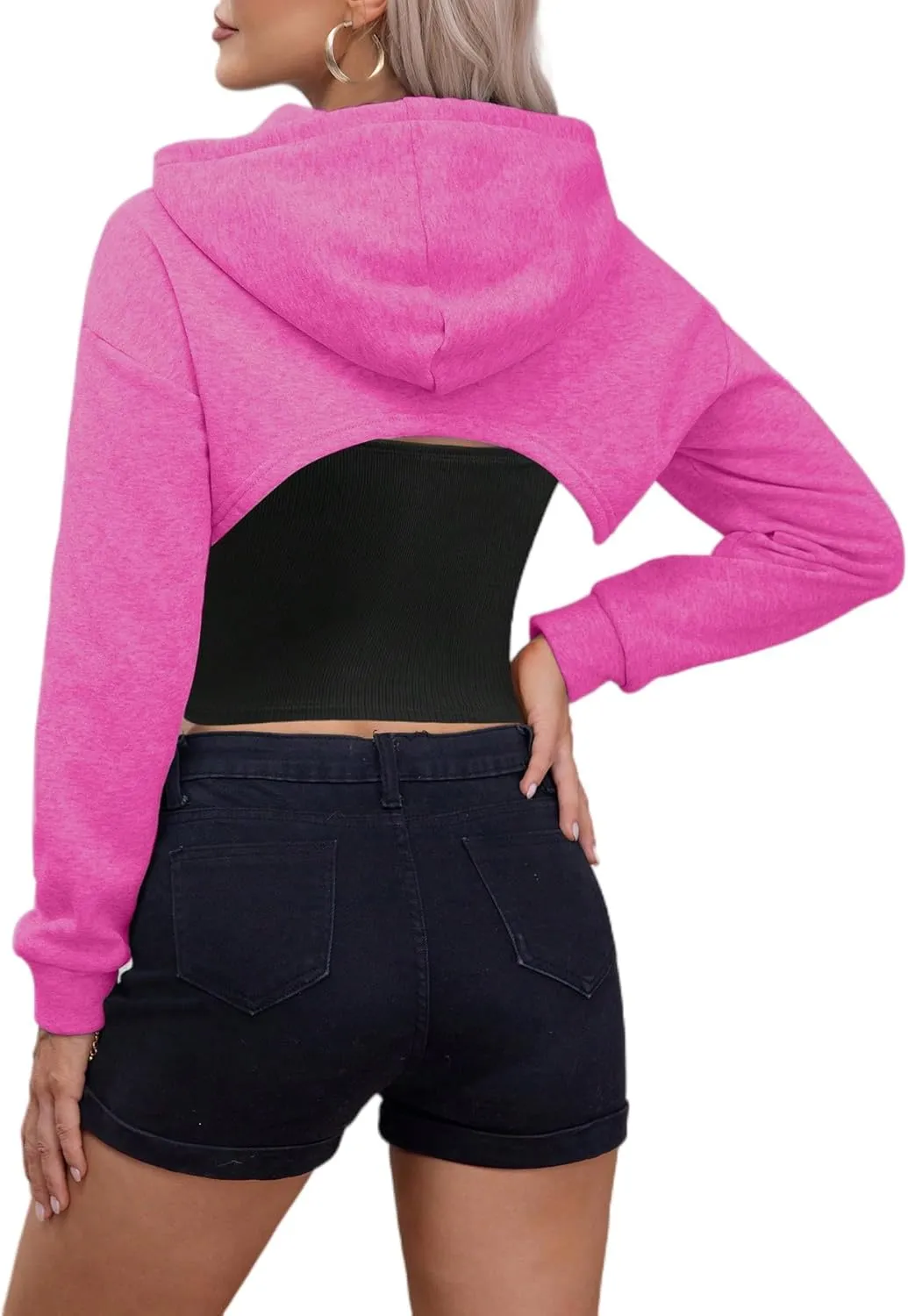 Remidoo Women Super Crop Top Pullover Sweatshirt Long Sleeve Drawstring Hoodie