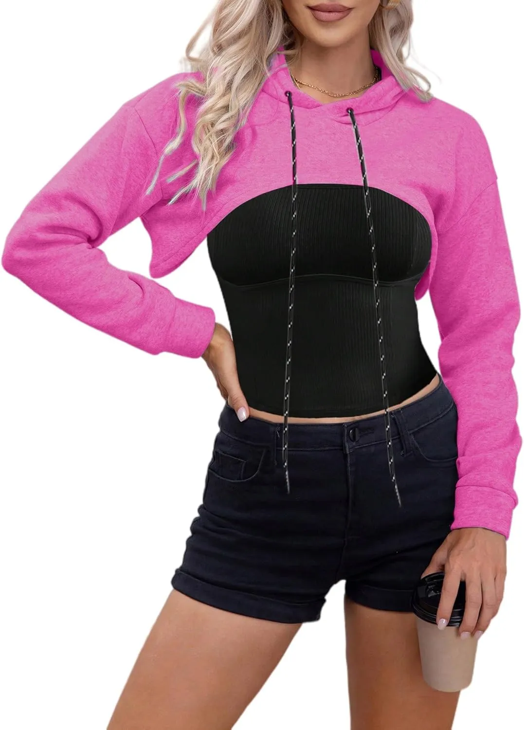 Remidoo Women Super Crop Top Pullover Sweatshirt Long Sleeve Drawstring Hoodie