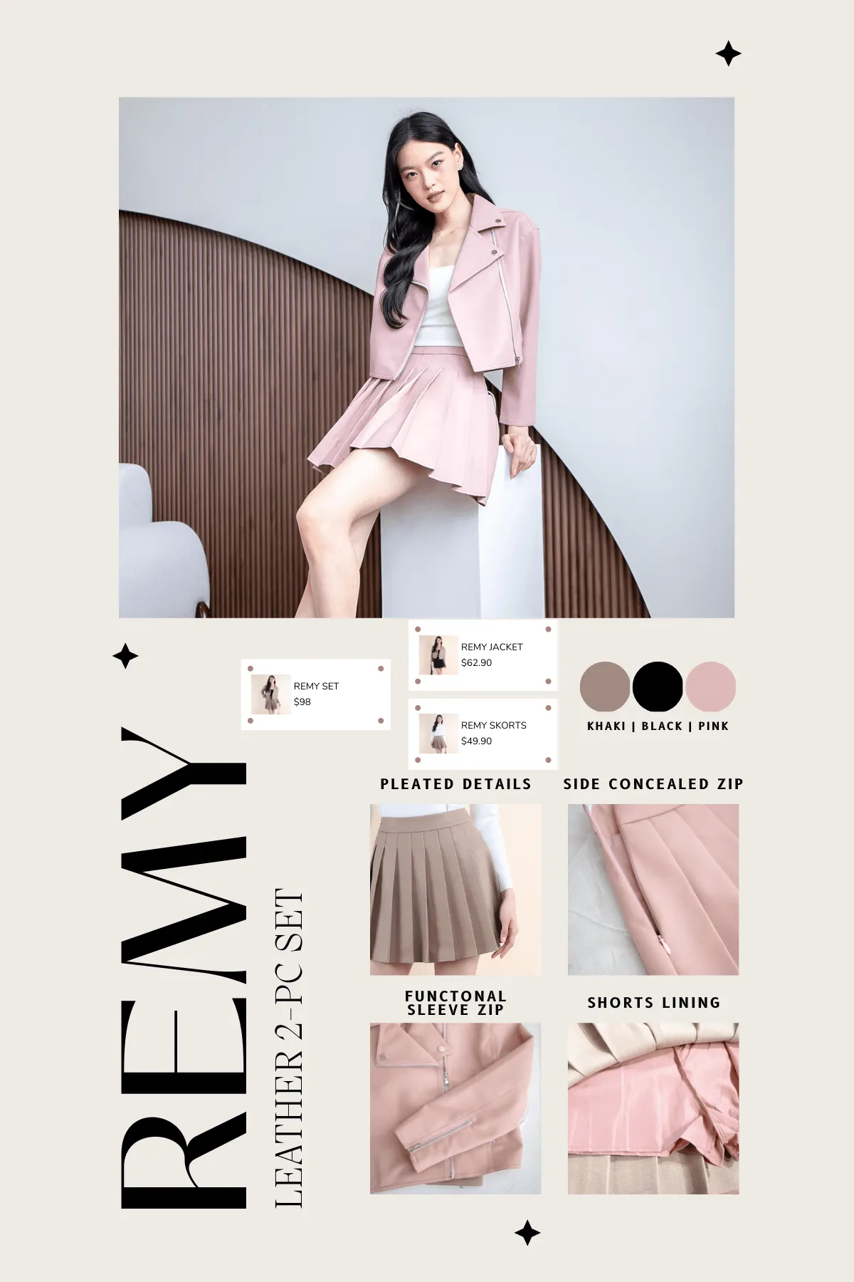 REMY PLEATED LEATHER SKORTS IN KHAKI