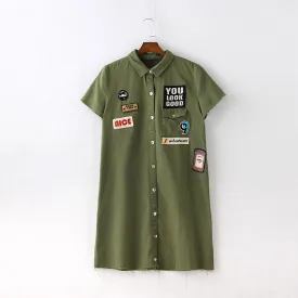 Summer dress short sleeve denim patchs women dress and casual shirt dress