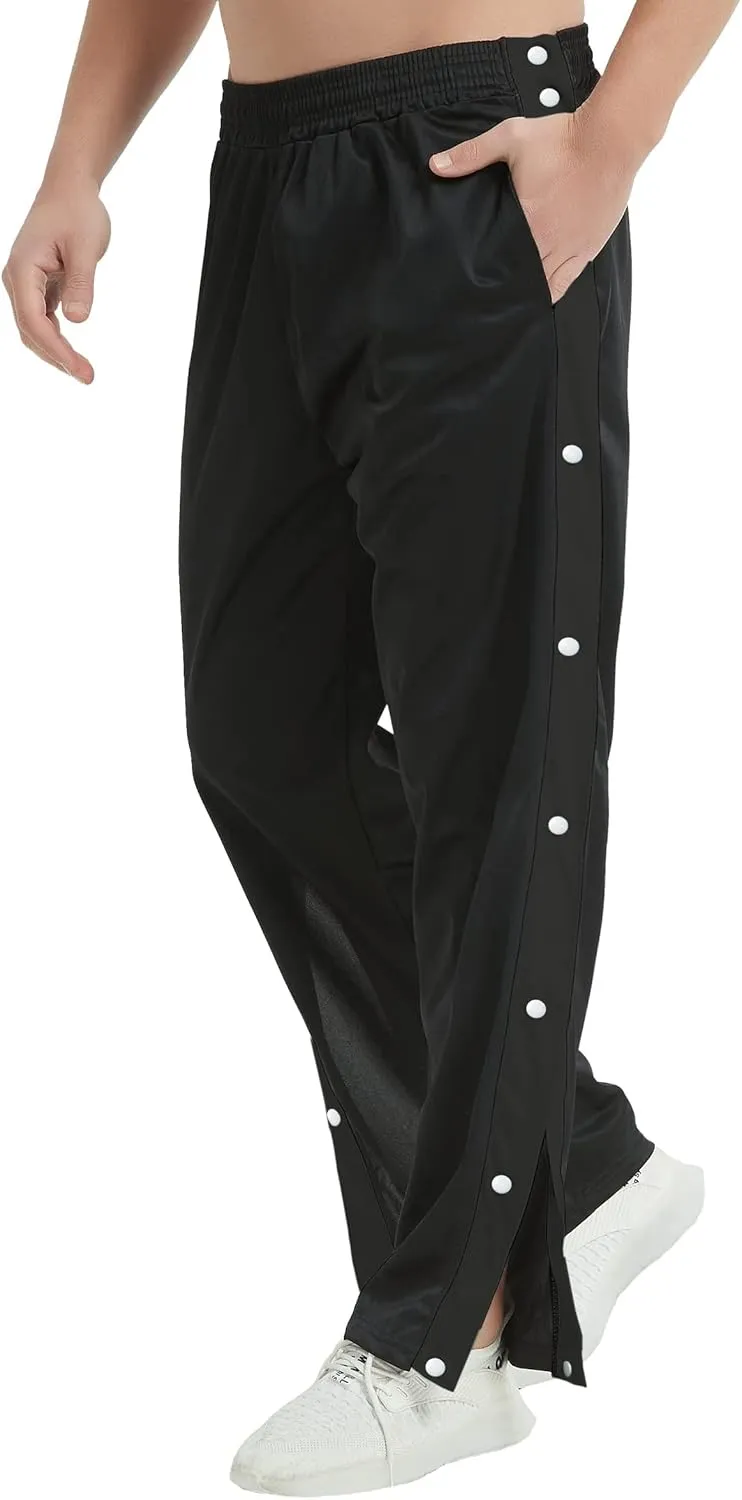 THWEI Mens Tear Away Basketball Pants Casual High Split Snap Button Post Surgery Sweatpants