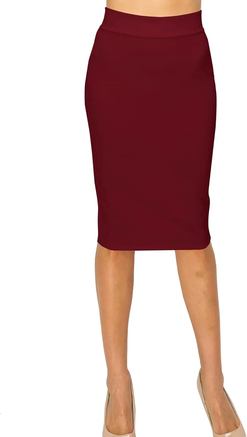 Women's Elastic Waist Stretch Bodycon Pencil Skirt Midi Knee Length for Wear to Work