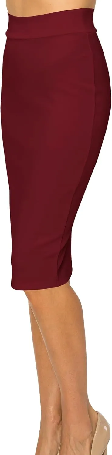 Women's Elastic Waist Stretch Bodycon Pencil Skirt Midi Knee Length for Wear to Work