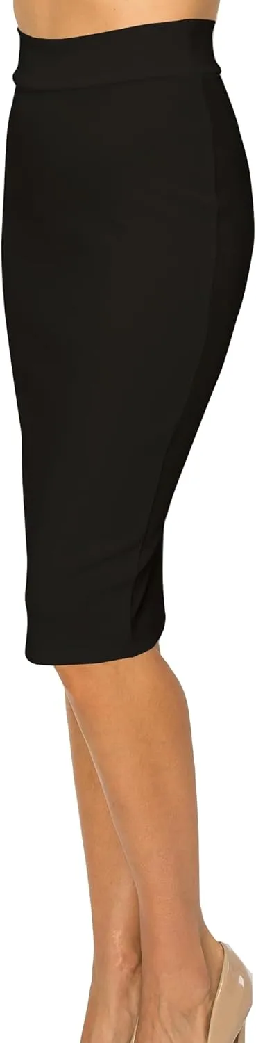 Women's Elastic Waist Stretch Bodycon Pencil Skirt Midi Knee Length for Wear to Work