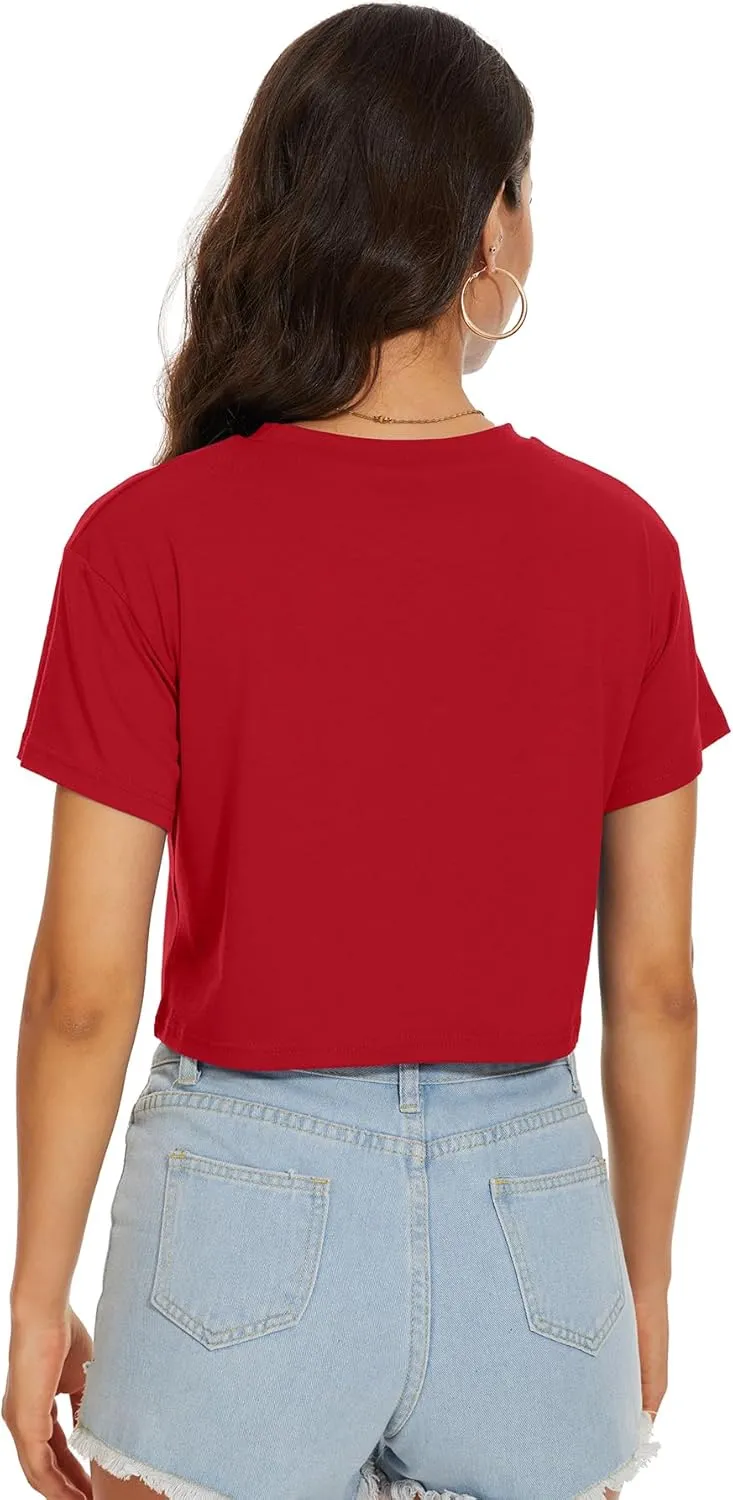 Womens Summer Crop Tops Short Sleeve Round Neck T-Shirts Loose Fit Casual Blouse